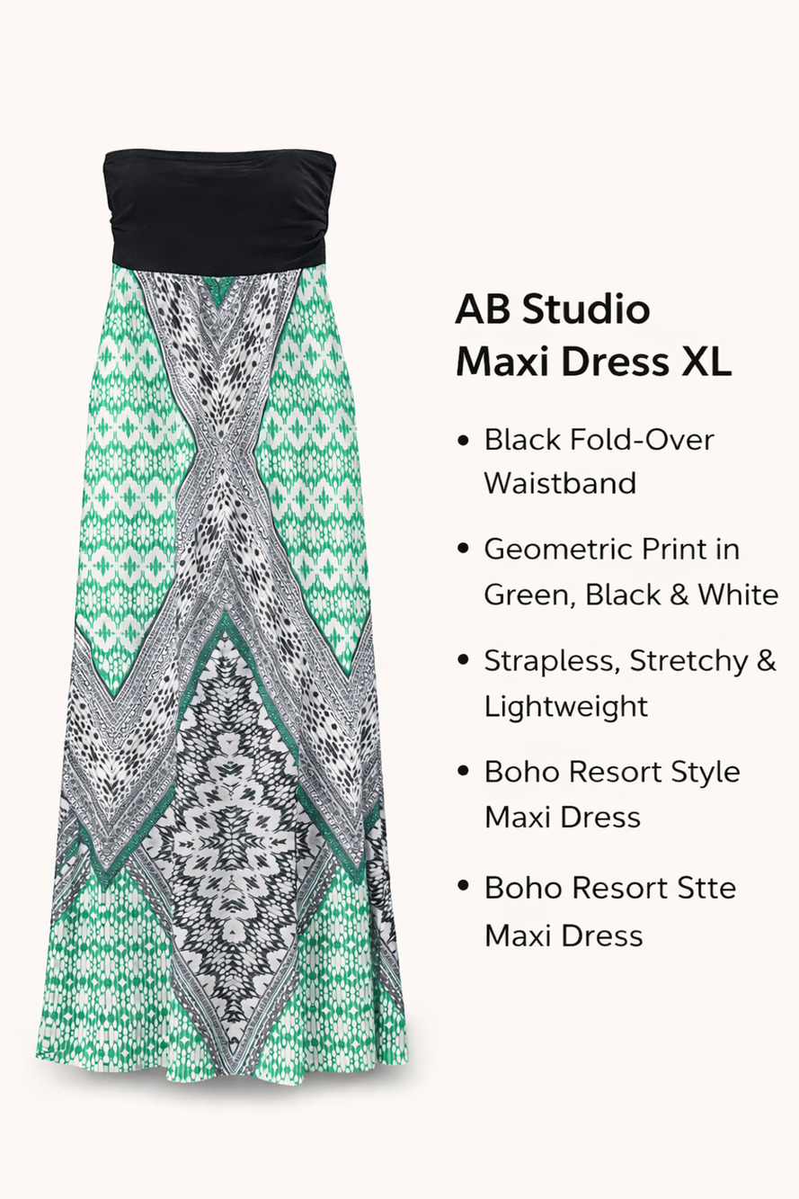 AB Studio Maxi Dress XL Green Black Geometric Print Strapless Boho